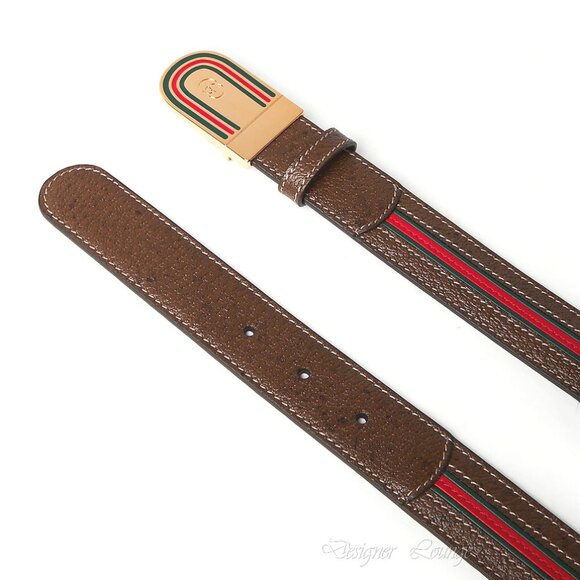 NEW GUCCI Men's Brown Leather WEB Stripe Gold GG Logo Buckle Belt Size 115 - Picture 2 of 12